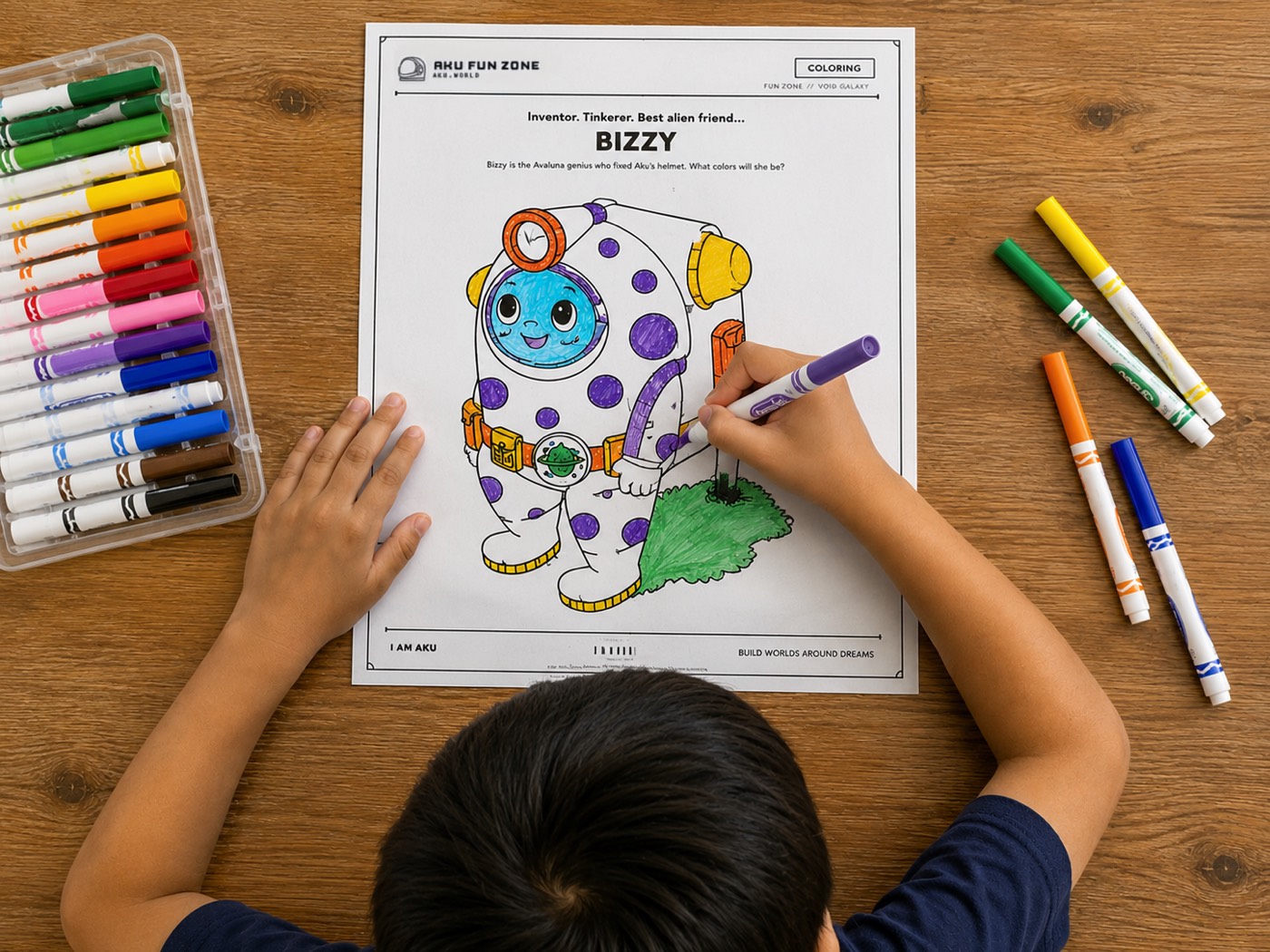 A kid coloring the Bizzy printable sheet from Aku's Activities HQ with bright markers