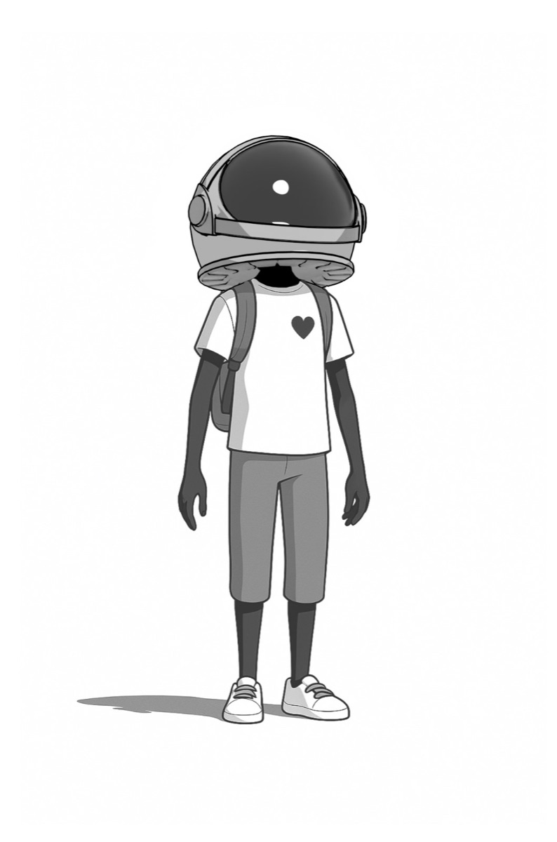 Aku, a kid in an astronaut helmet with a heart on his T-shirt