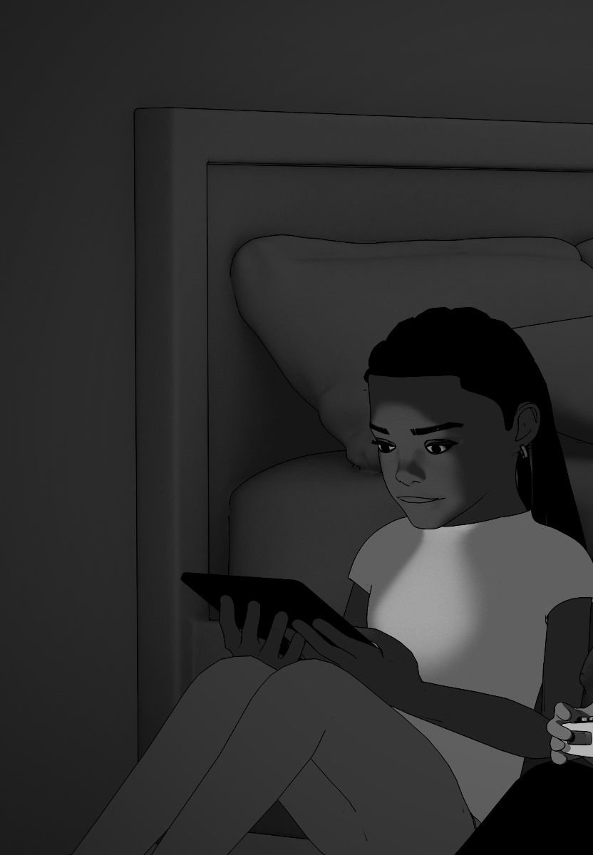 Benji with long twists, focused on a tablet