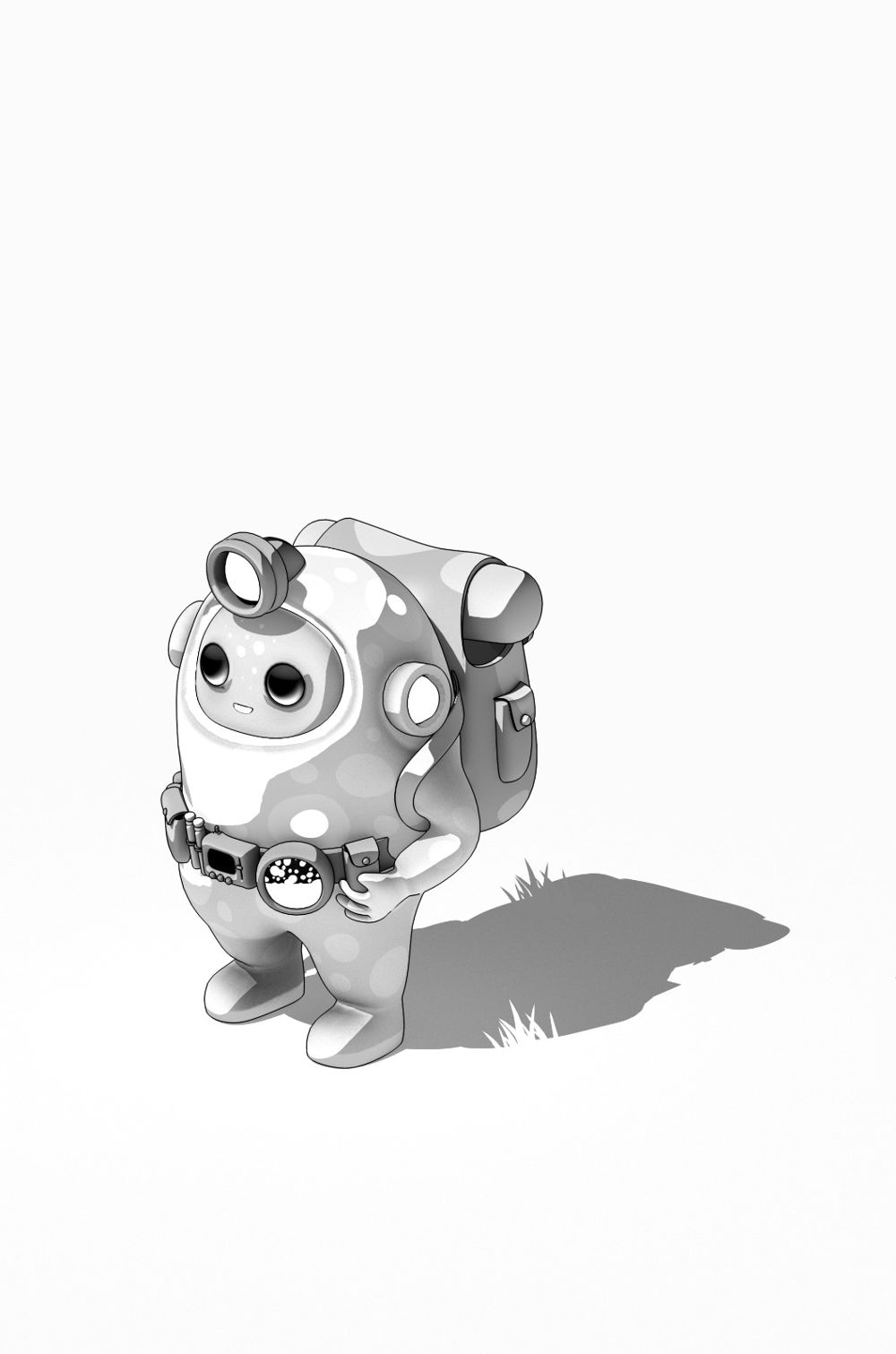 Bizzy, a small spotted creature wearing a headlamp and utility belt