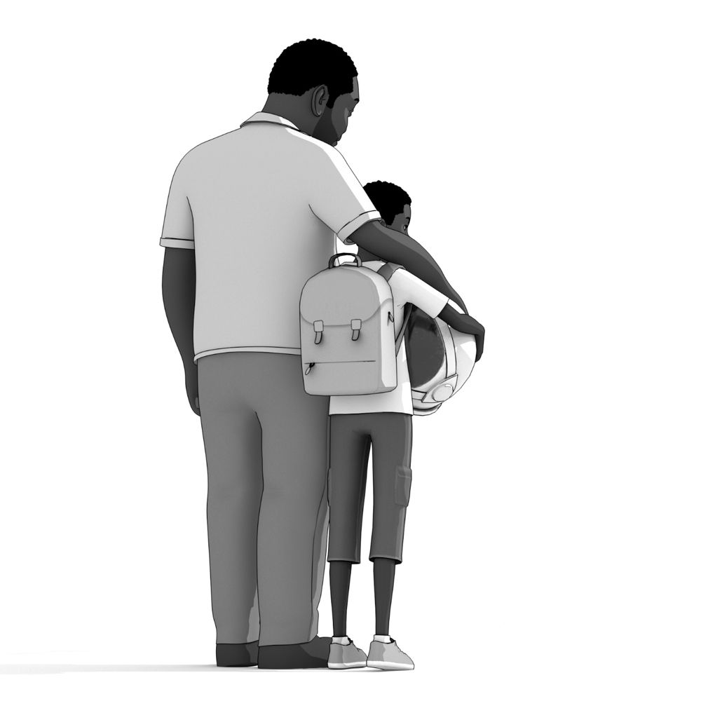 Aku's dad hugging him, backpack on Aku's shoulders