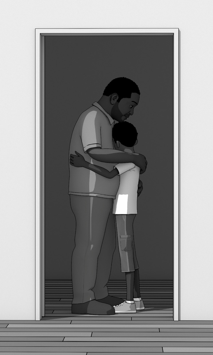Illustration of Aku and his dad hugging in a doorway