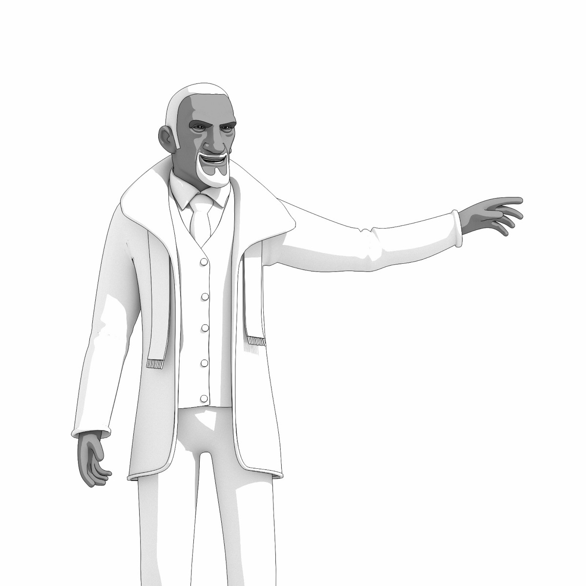 Nash Altair in a crisp white suit, arm extended