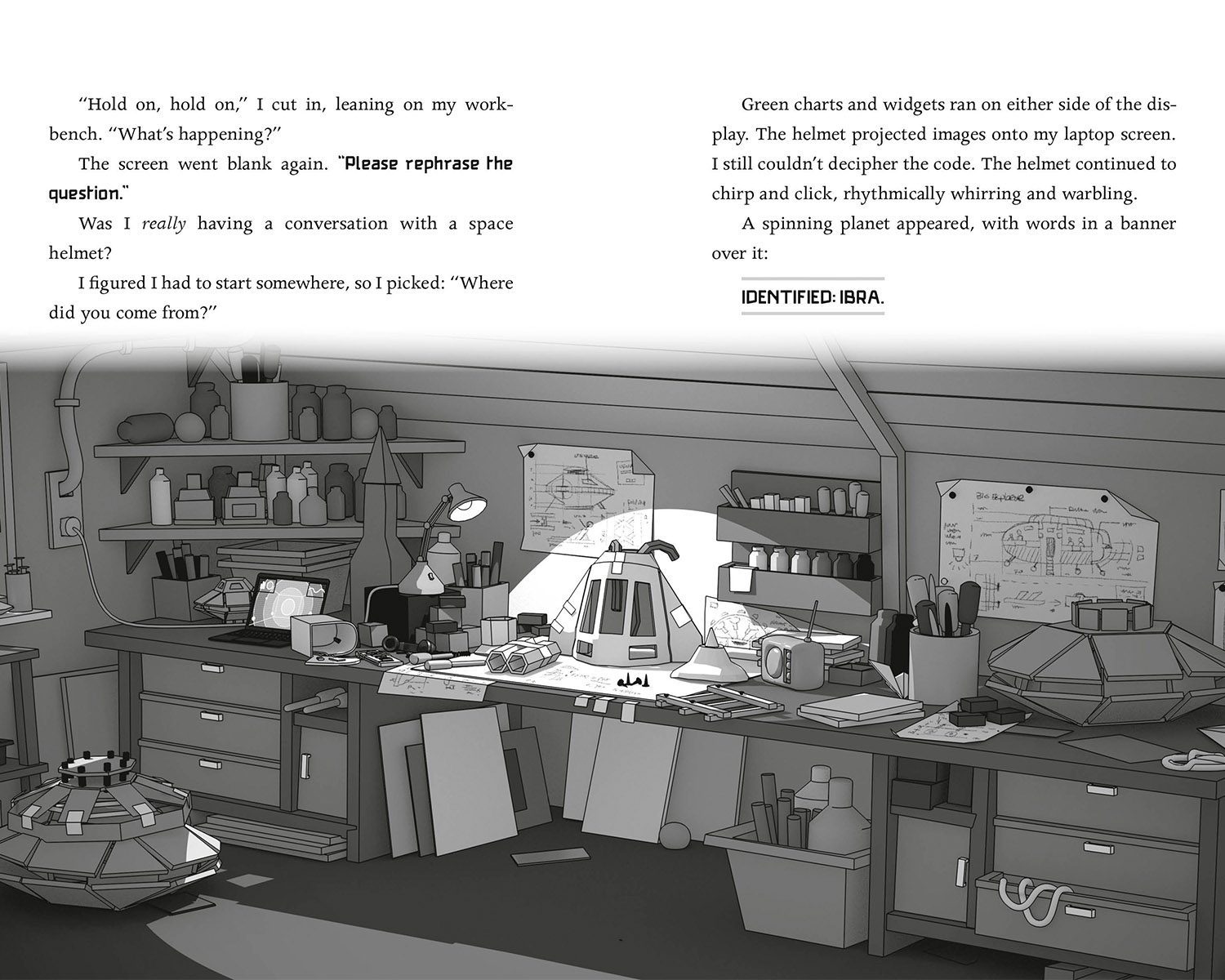 Interior illustration spread from Aku: Journey to Ibra by Durk van der Meer