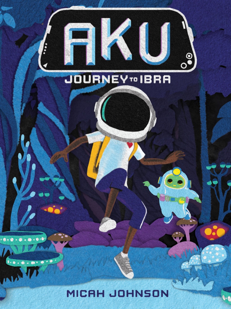 Aku: Journey to Ibra alternate Moon God cover: a felt forest scene with Aku running past glowing mushrooms beside his friend