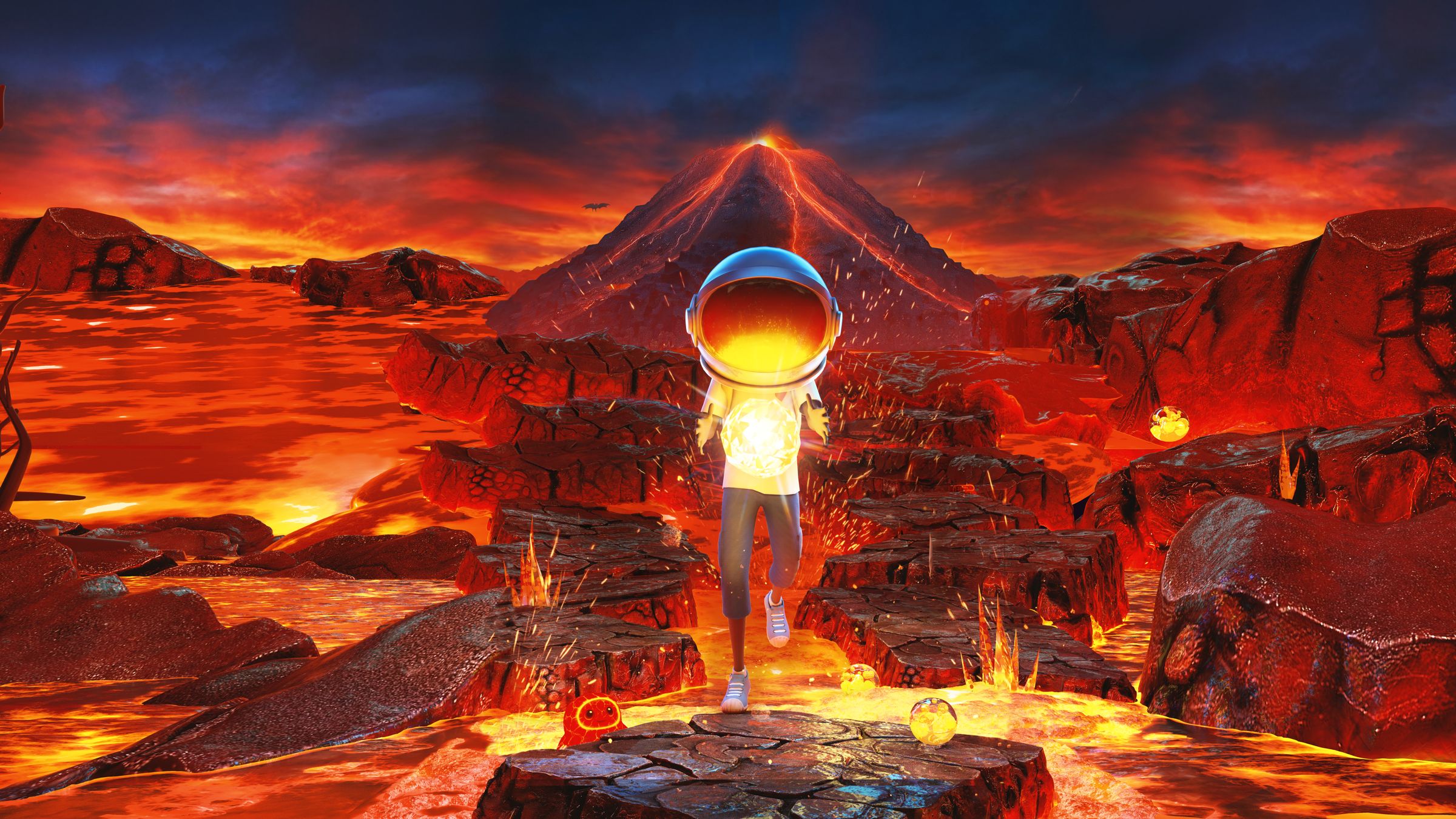 Aku runs across lava stones on Pyra, the Gem glowing in his hands, with a volcano erupting behind him.