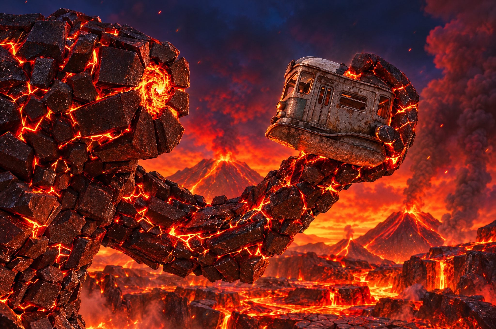 A giant made of cracked lava rock holds a cable car in its fist above the fire fields of Pyra.