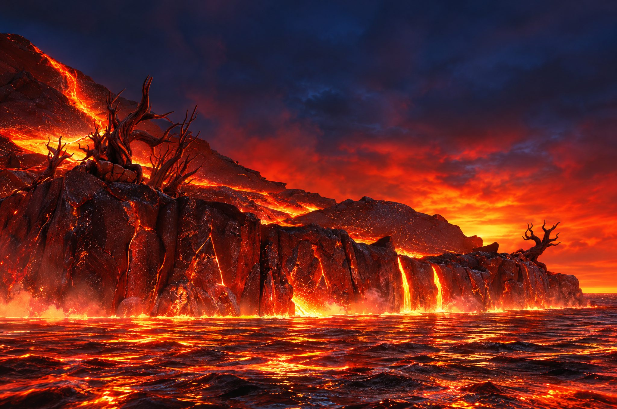 Dark cliffs on Pyra with lava pouring into a glowing sea under a red sky.