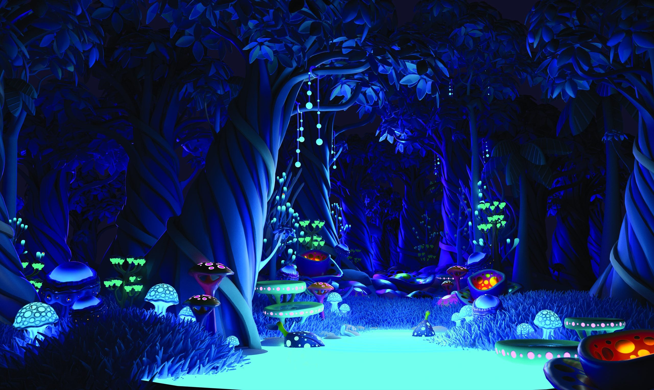 A forest on Ibra at night, with glowing blue grass and mushrooms under tall trees.